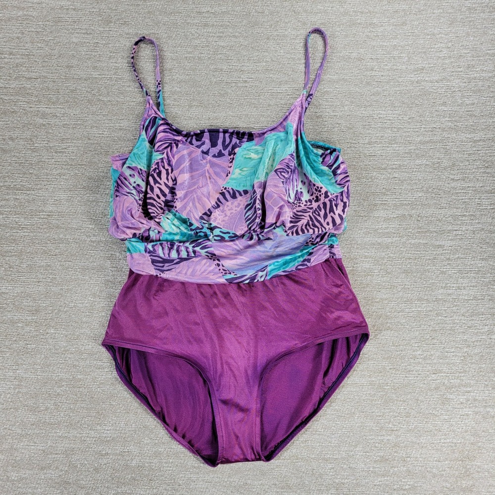 VTG Jantzen One Piece Swimsuit 14 Purple Ruched Tropical Beach 90s Made in USA